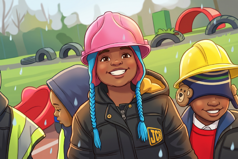 children playing in the rain with construction helmets on